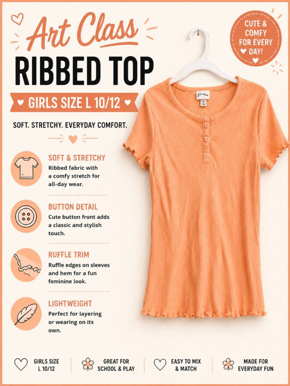 Art Class Ribbed Peach Top – Girls Size Large 10/12